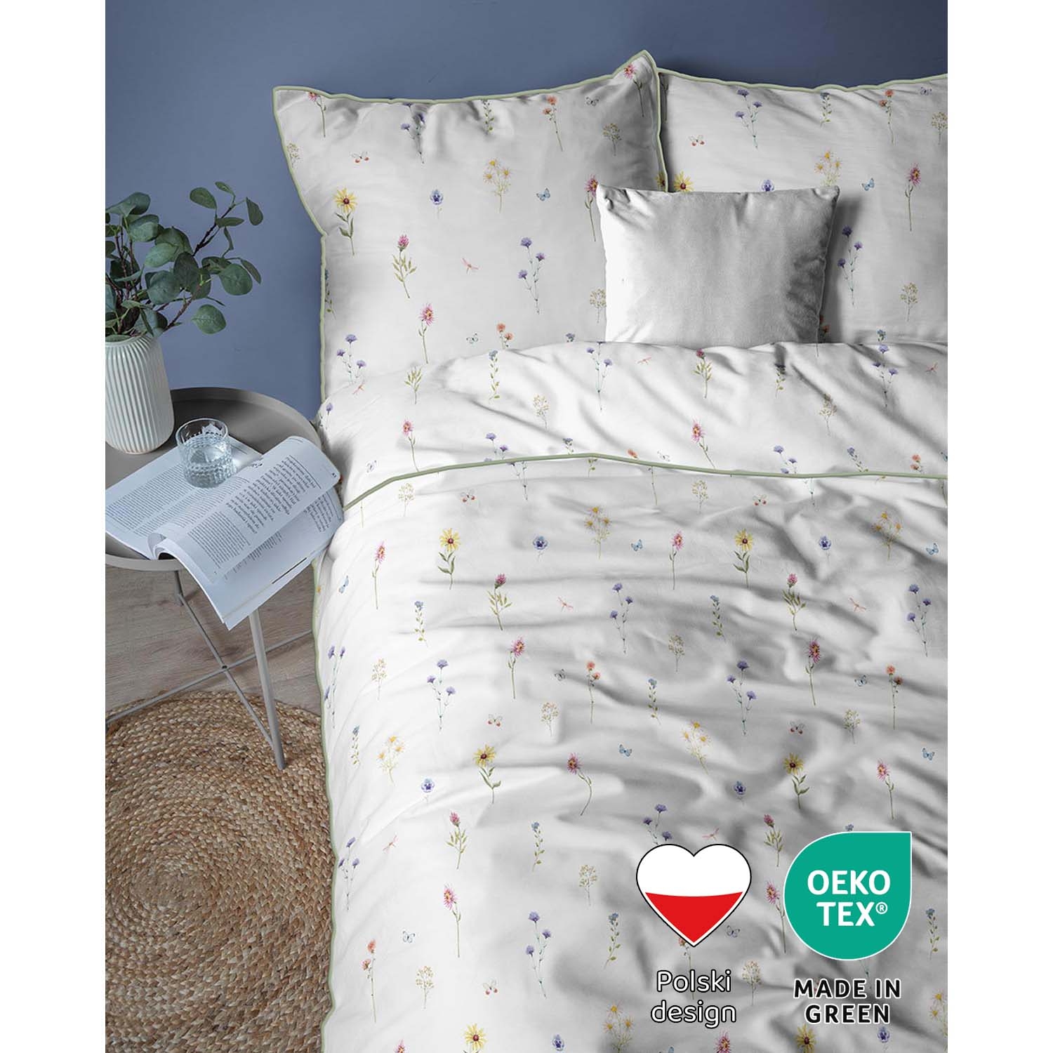 Pościel z perkalu 220 x 200 cm Lame Percale, kolorowe kwiatki, biała
