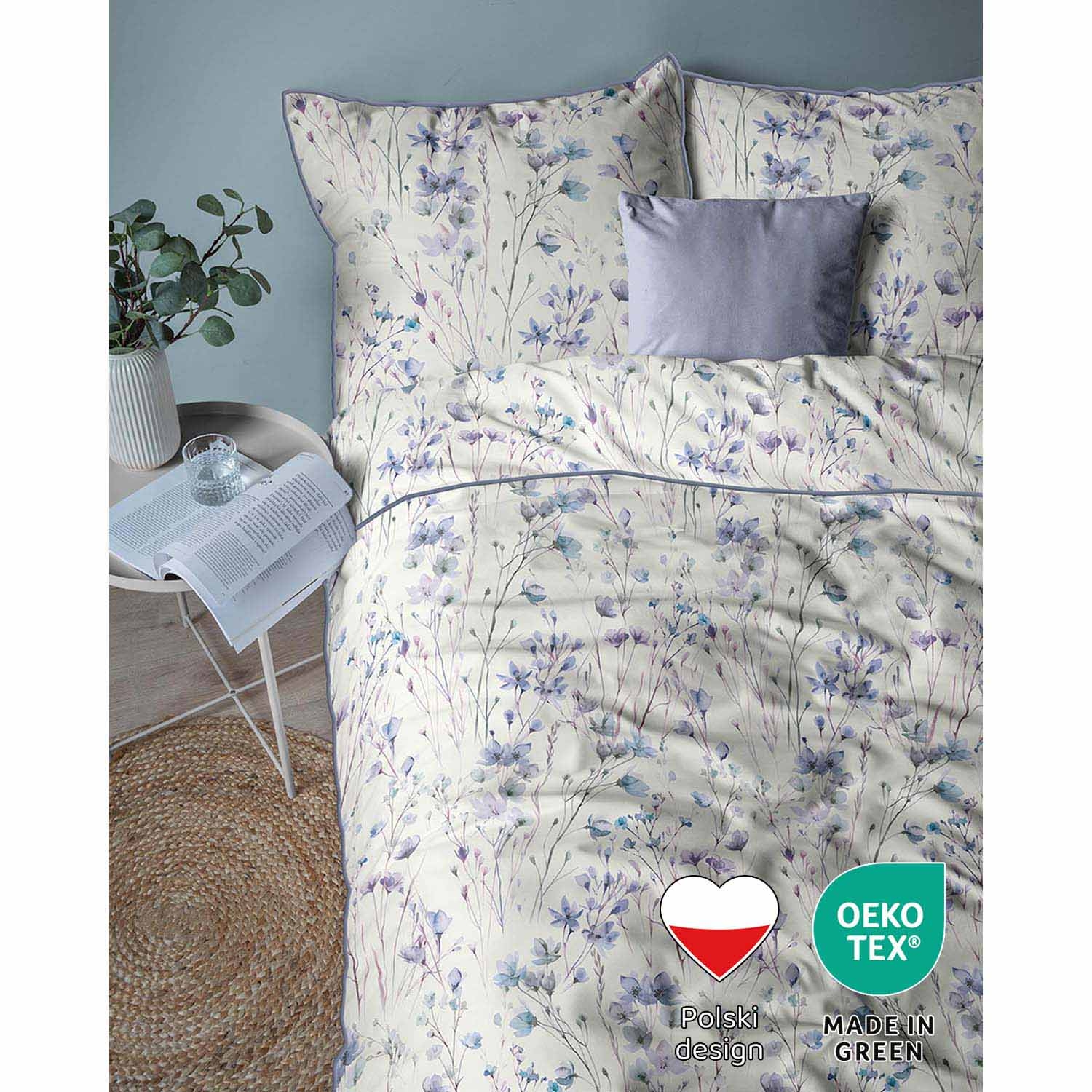 Pościel z perkalu 220 x 200 cm Lame Percale, niebieskie kwiatki