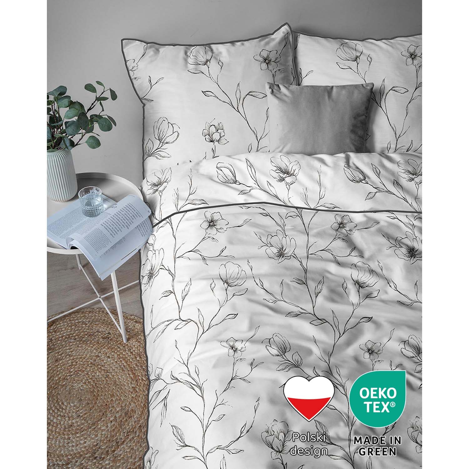 Pościel z perkalu 220 x 200 cm Lame Percale, czarne kwiaty, biała