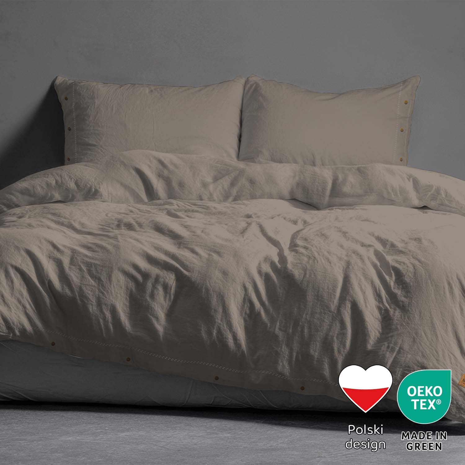 Pościel bawełniana 220 x 200 cm Pure Eco Line, z ozdobnym guzikiem, taupe