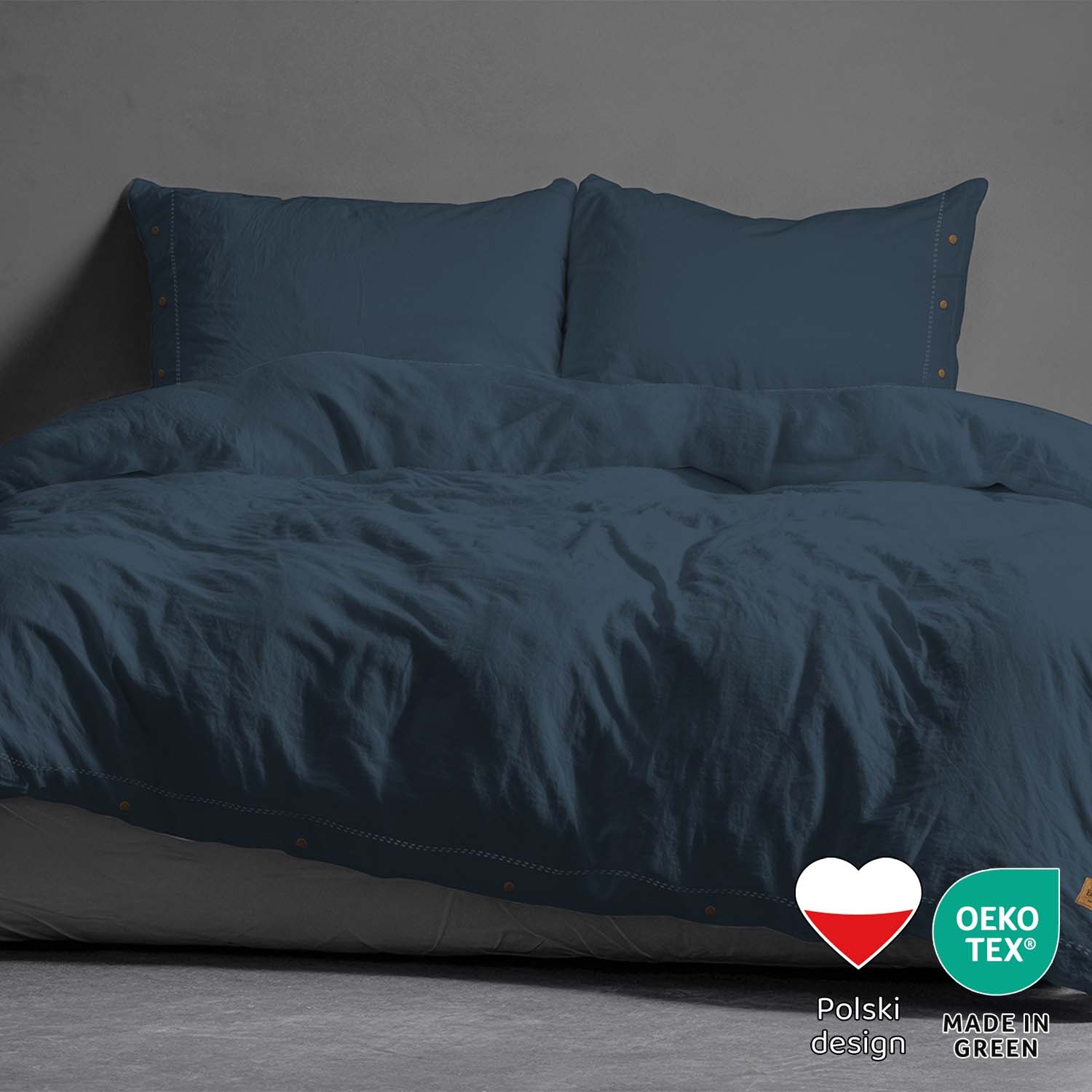 Pościel bawełniana 160 x 200 cm Pure Eco Line, z ozdobnym guzikiem, denim