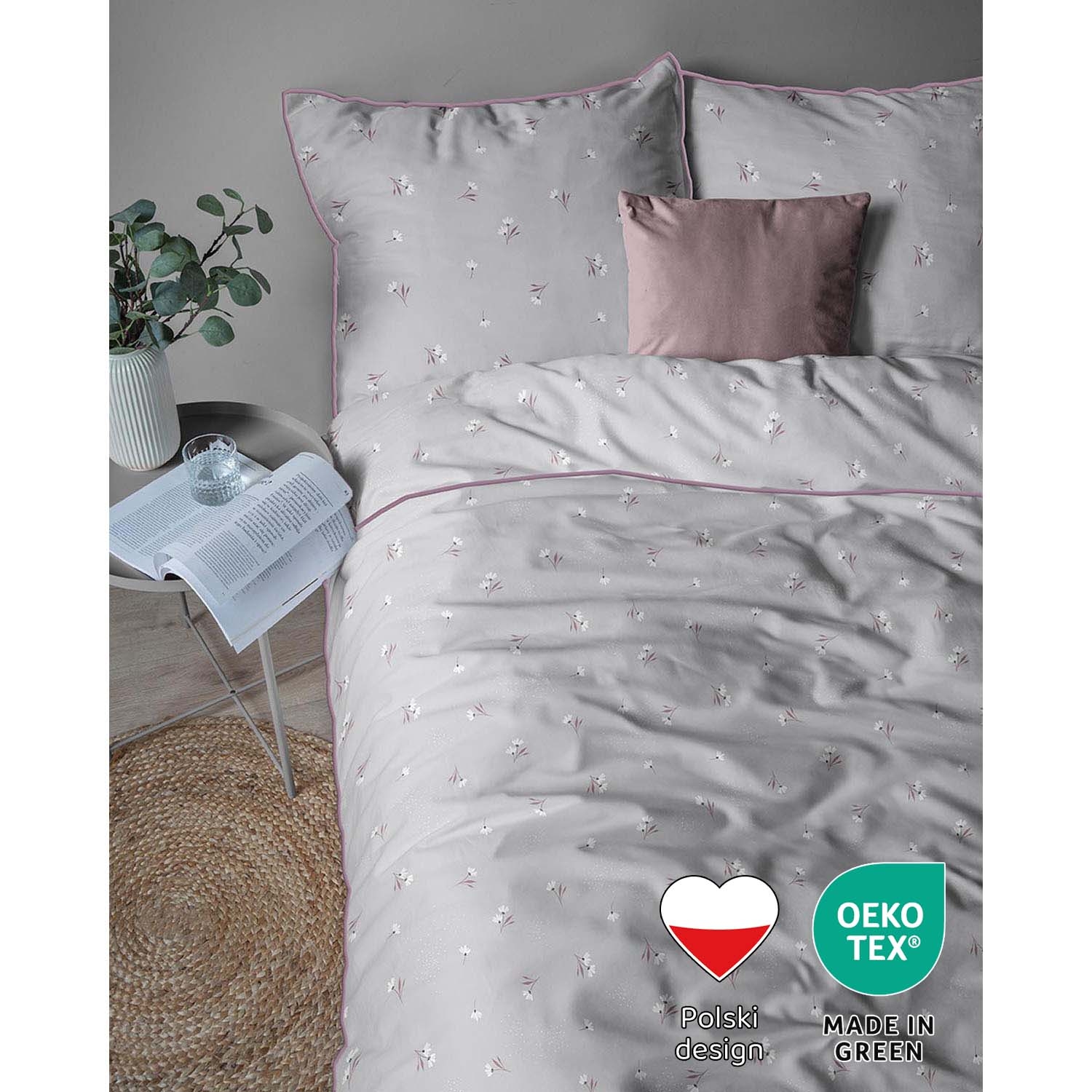 Pościel z perkalu 160 x 200 cm Lame Percale, kwiatki, szara