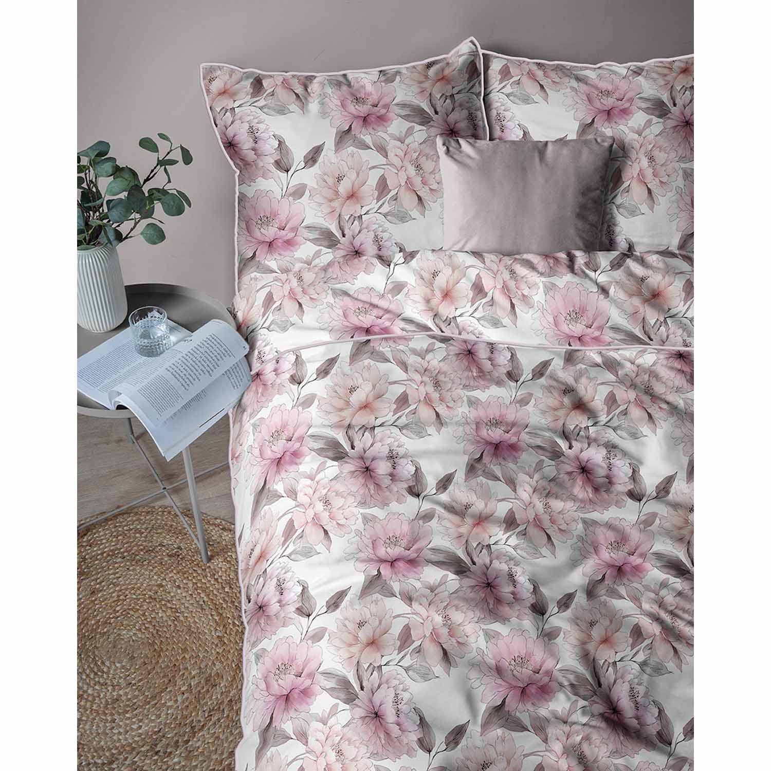 Pościel z perkalu 220 x 200 cm Lame Percale, różowe kwiaty