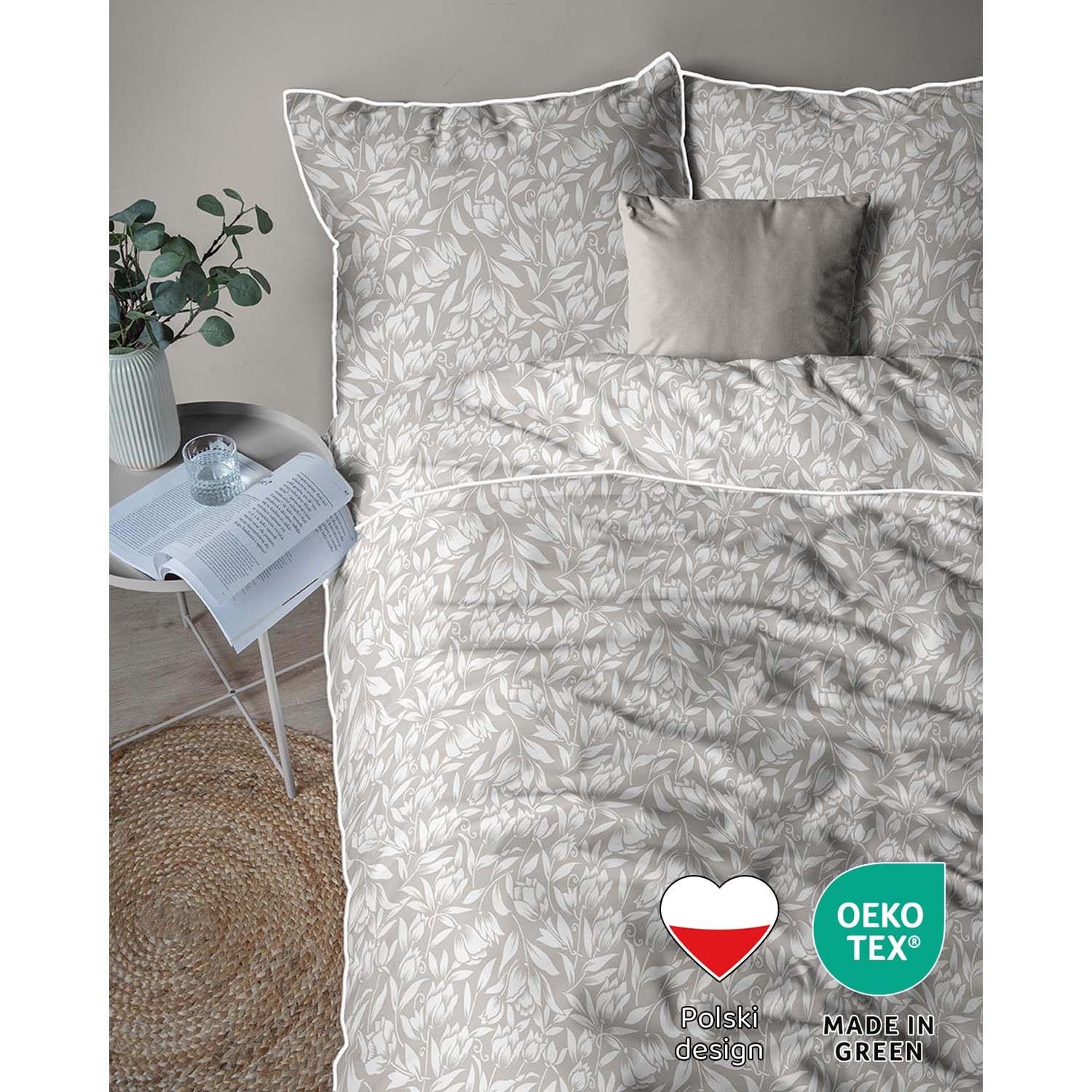 Pościel z perkalu 220 x 200 cm Lame Percale, białe kwiaty, beżowa