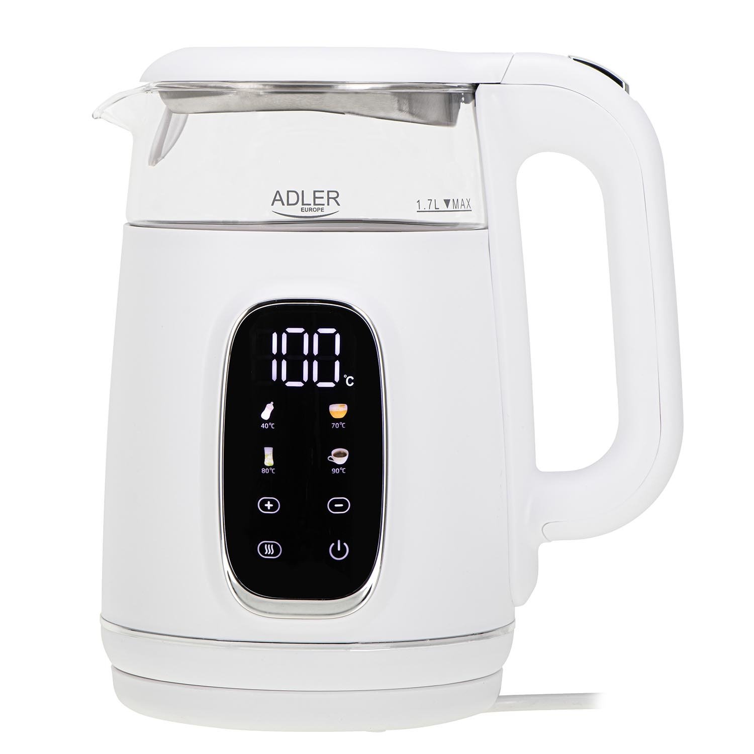 Czajnik elektryczny szklany Adler AD 1305, 1,7 l, 1850 W, z regulacją temperatury i wyświetlaczem LED, biały