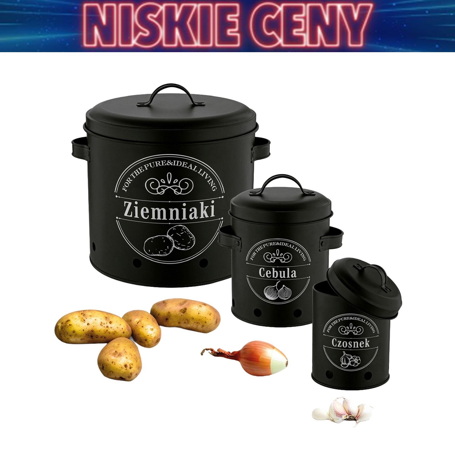 Pojemniki do przechowywania warzyw Tadar, 3 sztuki, czarne
